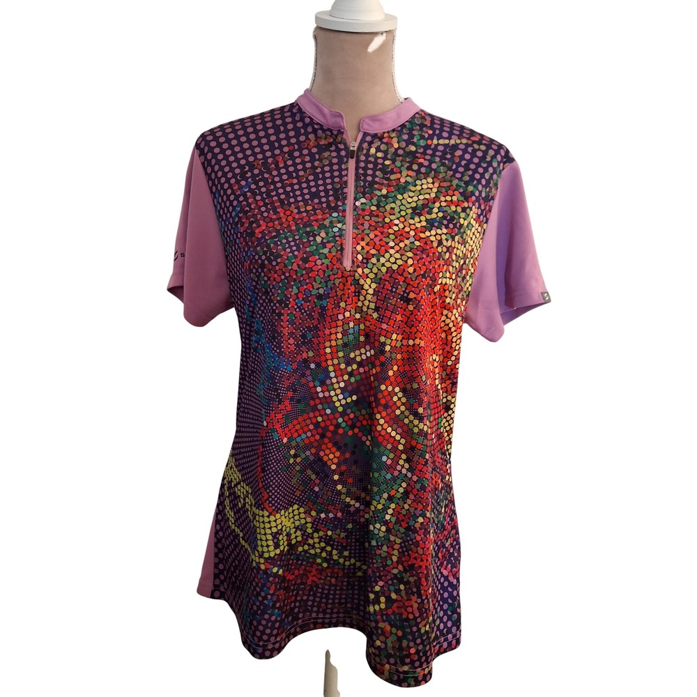 Savalino Womens XL Bowling Jersey Purple Polka Dot Quarter Zip Athletic Top